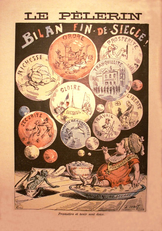 Caricature du journal Le Pèlerin, 'Bilan fin de Siecle!' Date 1900